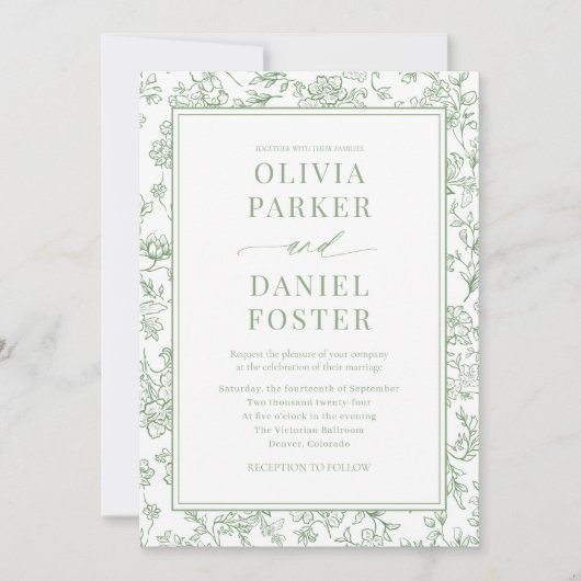 Sage Green French Floral QR Code Toile 招待状 (正面)