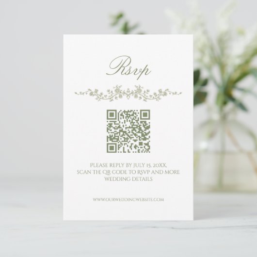 Sage Green French Floral RSVP Card with QR Code 招待状 (スタンド正面)