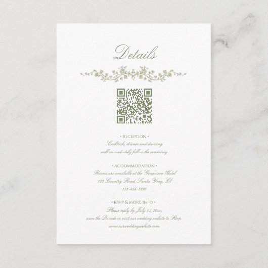  Sage Green French Floral with QR Code Wedding エンクロージャーカード (正面)