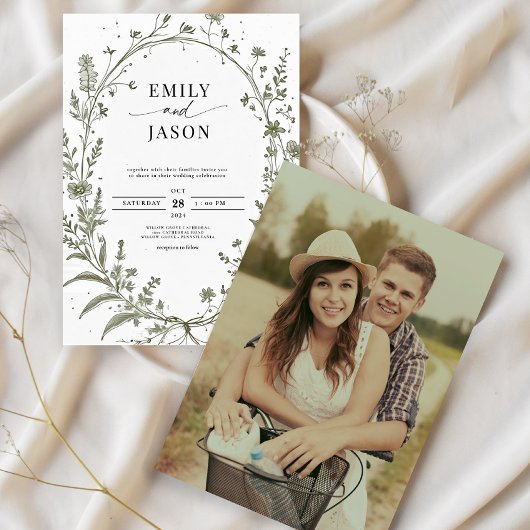 Sage Green French Roses Botanical Photo Wedding 招待状