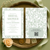 Sage Green French Toile QR Code Bridal Shower 招待状