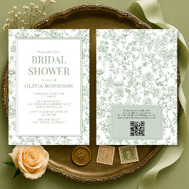 Sage Green French Toile QR Code Bridal Shower 招待状