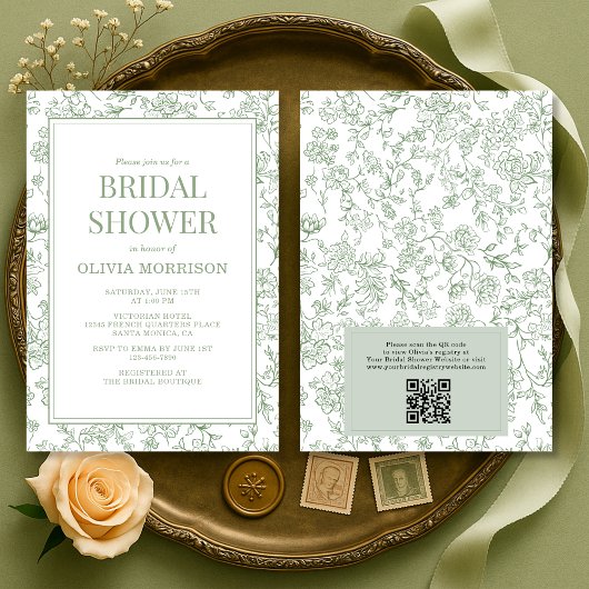 Sage Green French Toile QR Code Bridal Shower 招待状