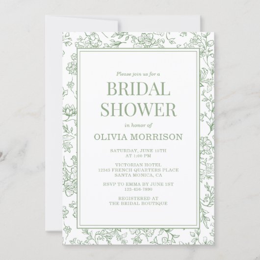 Sage Green French Toile QR Code Bridal Shower 招待状 (正面)