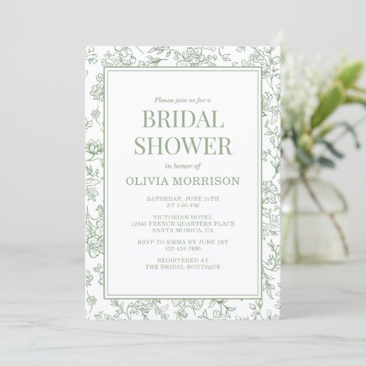 Sage Green French Toile QR Code Bridal Shower 招待状 (スタンド正面)