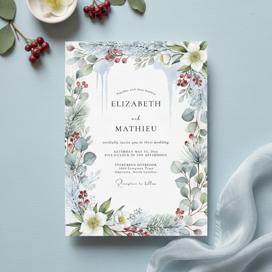 Sage Green Frosty Winter Wedding 招待状