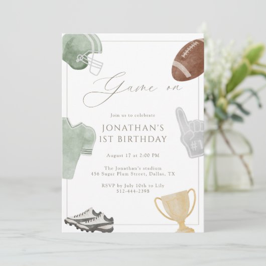 Sage Green Game On Football Birthday 招待状 (スタンド正面)