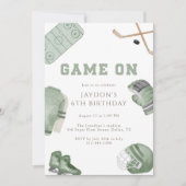 Sage Green Game On Hockey Birthday Party Sports  招待状 (正面)