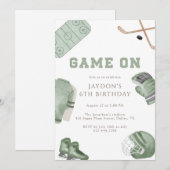 Sage Green Game On Hockey Birthday Party Sports  招待状 (正面/裏面)