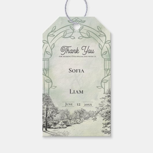 Sage Green Garden Arch Wedding Favor Thank You ギフトタグ (正面)