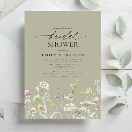 Sage Green Garden Flowers Script Bridal Shower 招待状