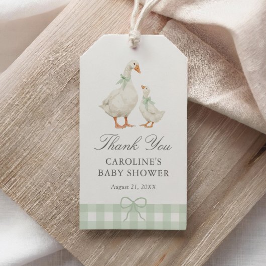 sage green gingham なかよしガチョウのベビーシャワー ギフトタグ