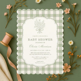 Sage Green Gingham Baby Shower 招待状