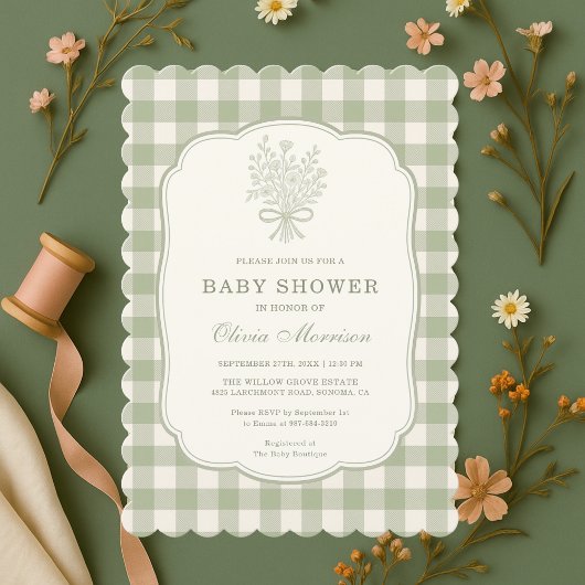 Sage Green Gingham Baby Shower 招待状
