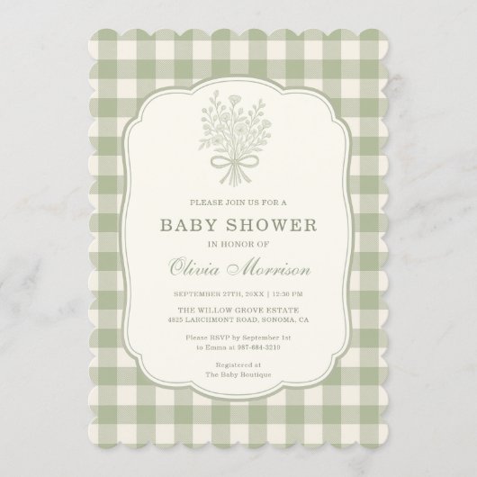 Sage Green Gingham Baby Shower 招待状 (正面)