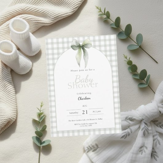Sage Green Gingham Baby Shower Invitation 招待状