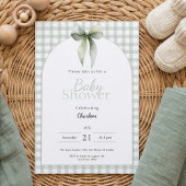 Sage Green Gingham Baby Shower Invitation 招待状