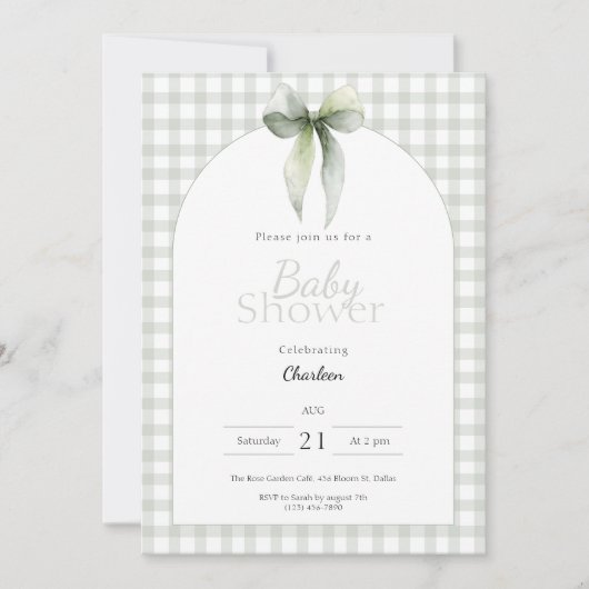 Sage Green Gingham Baby Shower Invitation 招待状 (正面)