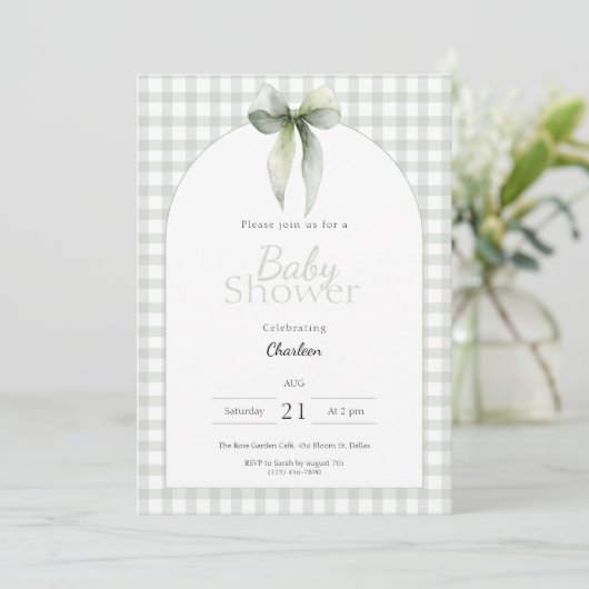 Sage Green Gingham Baby Shower Invitation 招待状 (スタンド正面)