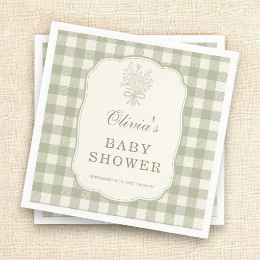 Sage Green Gingham Baby Shower Party スタンダードカクテルナプキン
