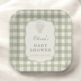 Sage Green Gingham Baby Shower Party ペーパープレート