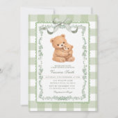 Sage Green Gingham Bear Mom & Baby 招待状 (正面)