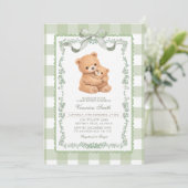 Sage Green Gingham Bear Mom & Baby  招待状 (スタンド正面)