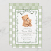 Sage Green Gingham Bear Mom & Baby  招待状 (正面/裏面)