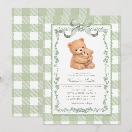 Sage Green Gingham Bear Mom & Baby  招待状 (正面/裏面)