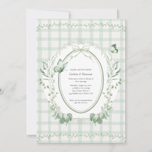 Sage Green Gingham Botanical Wedding | 招待状 (正面)
