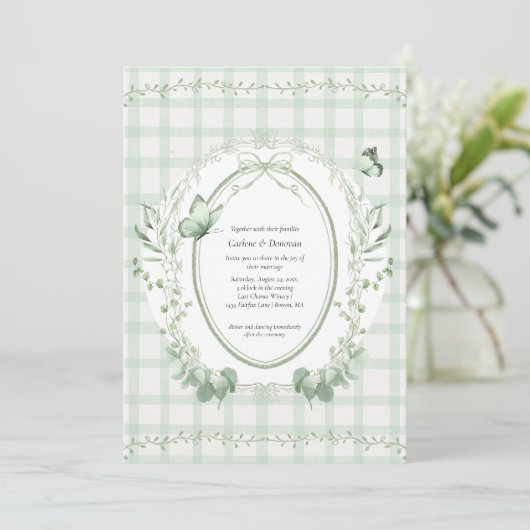 Sage Green Gingham Botanical Wedding | 招待状 (スタンド正面)