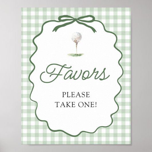 Sage Green Gingham Bow Golf Favors Sign ポスター (正面)