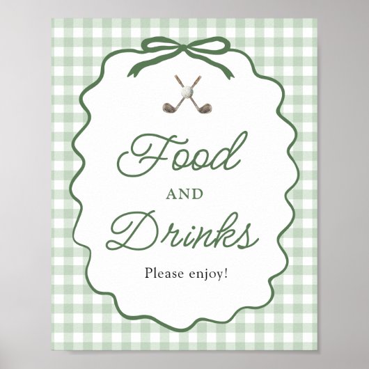 Sage Green Gingham Bow Golf Food and Drinks Sign ポスター (正面)