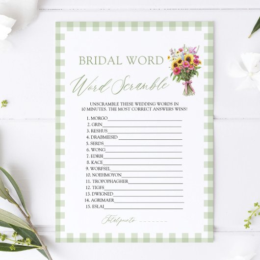 Sage Green Gingham Bridal Word Scramble Game 招待状