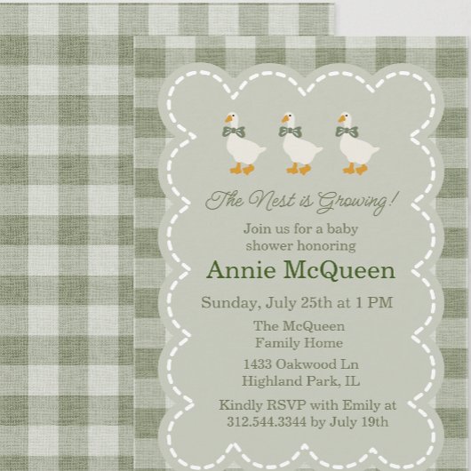 Sage Green Gingham Buffalo Check Goose Baby Shower 招待状