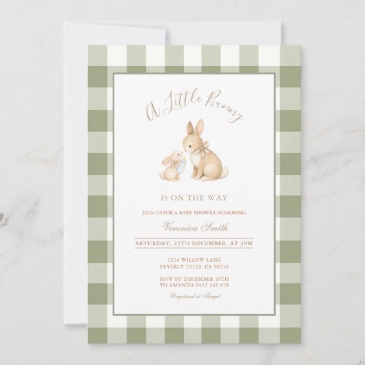 Sage Green Gingham Bunny Baby Shower Invitation 招待状 (正面)