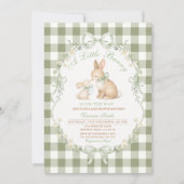 Sage Green Gingham Bunny Neutral Baby Shower  招待状 (正面)