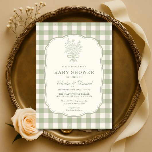 Sage Green Gingham Couples Baby Shower 招待状