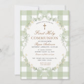 Sage Green Gingham First Holy Communion Invitation 招待状 (正面)