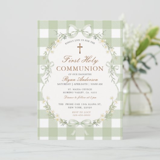 Sage Green Gingham First Holy Communion Invitation 招待状 (スタンド正面)