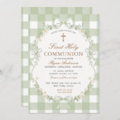 Sage Green Gingham First Holy Communion Invitation 招待状 (正面/裏面)