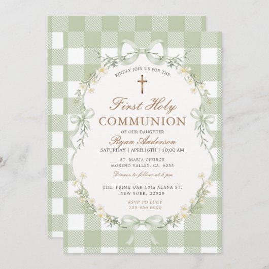 Sage Green Gingham First Holy Communion Invitation 招待状 (正面/裏面)