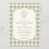 Sage Green Gingham Floral Bow Baby Shower 招待状 (正面)