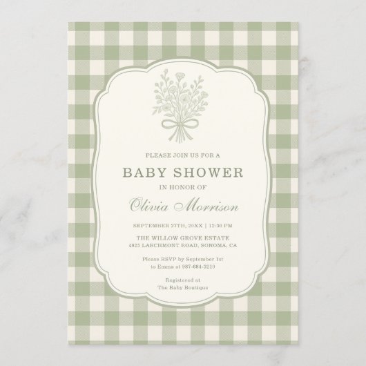 Sage Green Gingham Floral Bow Baby Shower 招待状 (正面)