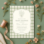 Sage Green Gingham Floral Bow Baby Shower 招待状