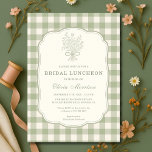 Sage Green Gingham Floral Bow Bridal Luncheon 招待状<br><div class="desc">Sage green gingham floral bow bridal luncheon invitation featuring charming florals, a soft bow accent, and a classic gingham pattern. Designed to honor the bride with a sweet, elegant, and slightly rustic style perfect for daytime celebrations. Ideal for bridal luncheons, wedding week events, and intimate pre wedding gatherings. Editable text...</div>
