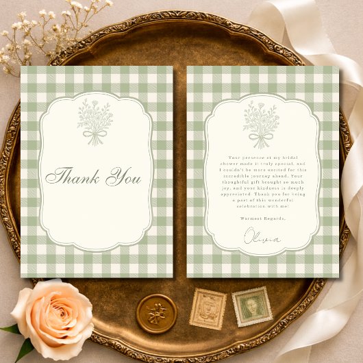 Sage Green Gingham Floral Bow Bridal Shower サンキューカード