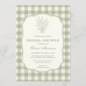 Sage Green Gingham Floral Bow Bridal Shower 招待状 (正面)
