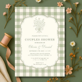 Sage Green Gingham Floral Bow Couples Shower 招待状