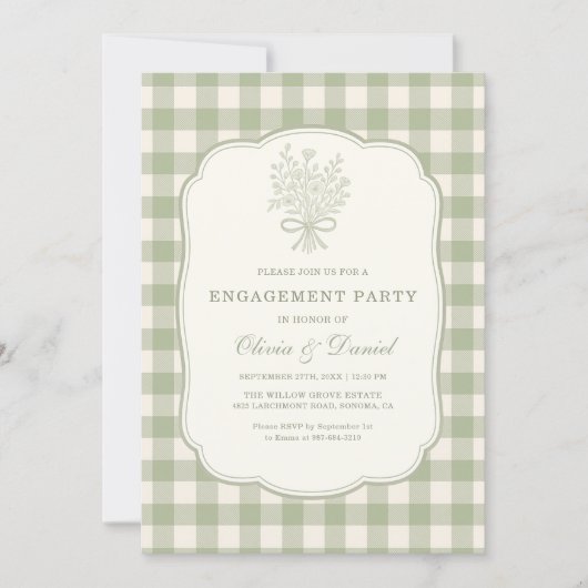 Sage Green Gingham Floral Engagement Party 招待状 (正面)